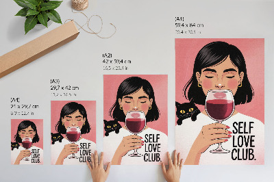 Poster decorativo Mulher com vinho e gato em estilo de ilustração