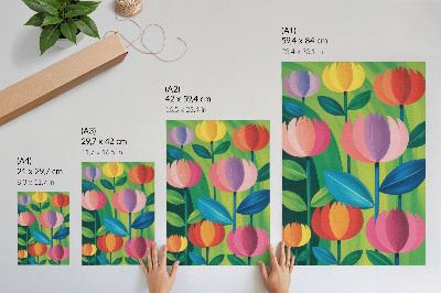 Impressão em tela Flores geométricas coloridas com folhas em fundo verde