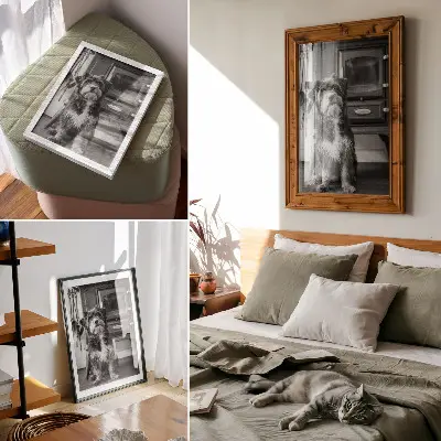 Arte de parede quadro de um cachorro preto e branco tranquilo próximo a um fogão antigo