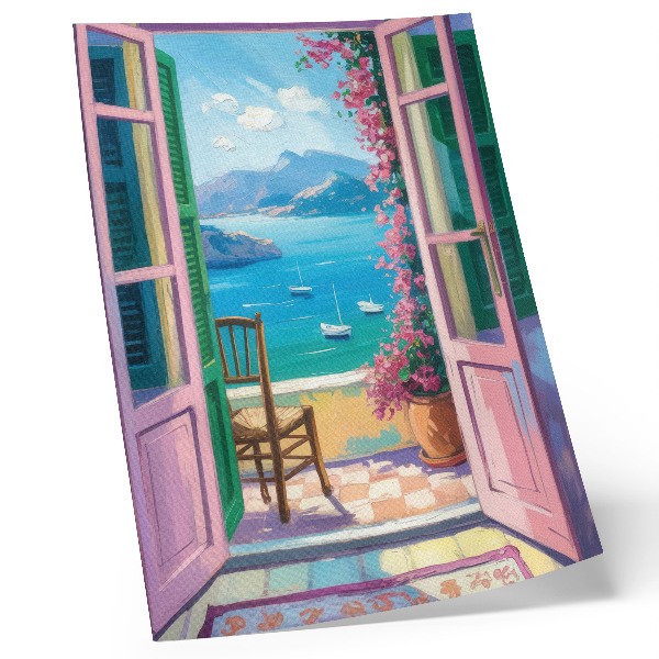 Poster para cozinha Abra a porta, flores brilhantes, mar azul, veleiros