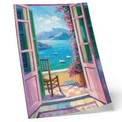 Poster para cozinha com estampa de porta aberta, flores brilhantes, mar azul e veleiros