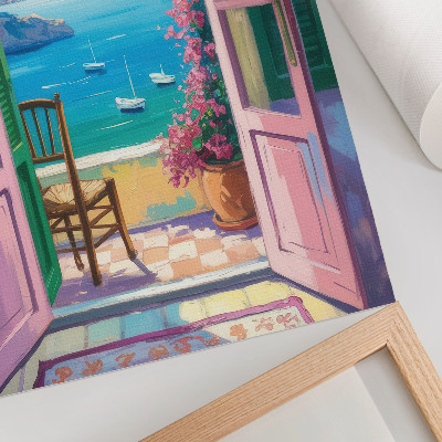Poster para cozinha Abra a porta, flores brilhantes, mar azul, veleiros
