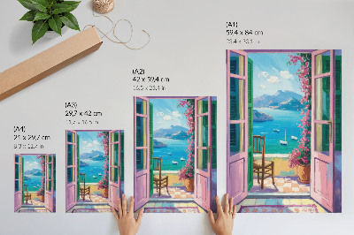 Poster para cozinha Abra a porta, flores brilhantes, mar azul, veleiros