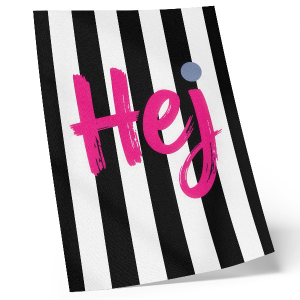 Poster decorativo Listras pretas e brancas contrastam com as letras rosa.