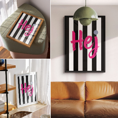 Poster decorativo Listras pretas e brancas contrastam com as letras rosa.