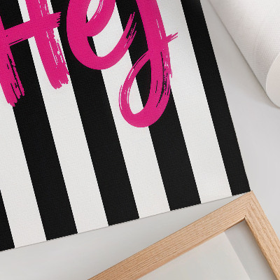 Poster decorativo Listras pretas e brancas contrastam com as letras rosa.