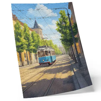 Arte de parede rua ensolarada com bonde verde e azul