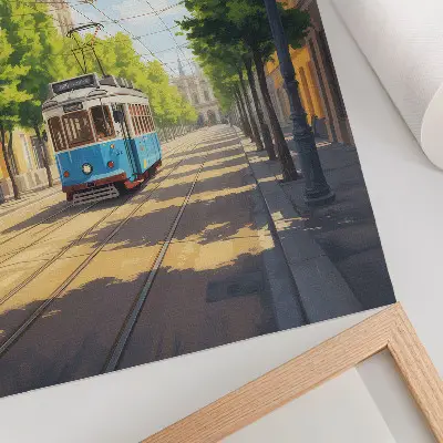 Arte de parede rua ensolarada com bonde verde e azul