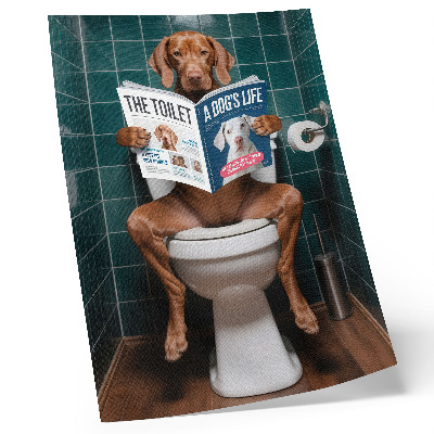 Poster decorativo Cachorro no vaso sanitário com revista de azulejos verdes