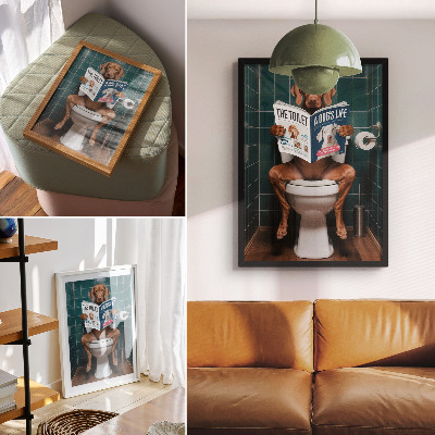 Poster decorativo Cachorro no vaso sanitário com revista de azulejos verdes