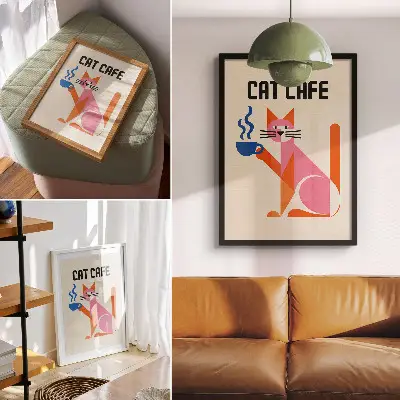 Poster para cozinha motivo criativo de gato com café estilo retrô