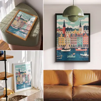 Arte de parede casas de apartamentos coloridas à beira-mar com charme e harmonia