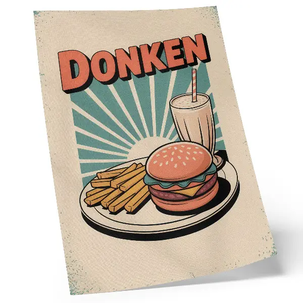 Poster para cozinha com hambúrguer e batatas fritas em estilo retrô