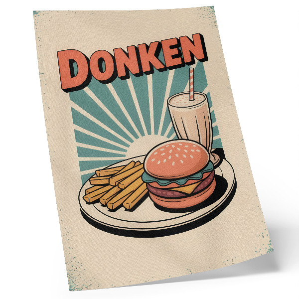 Poster para cozinha Hambúrguer e batatas fritas com um fundo retrô.