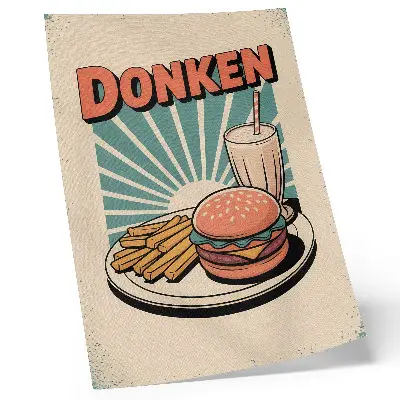 Poster para cozinha com hambúrguer e batatas fritas em estilo retrô