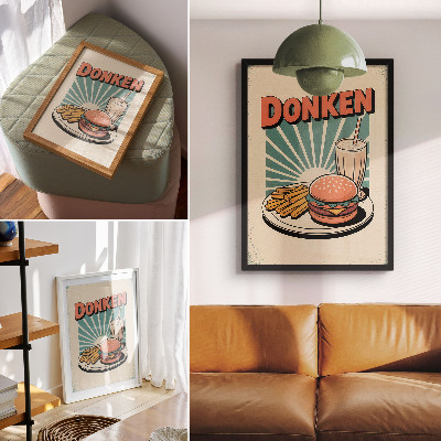 Poster para cozinha Hambúrguer e batatas fritas com um fundo retrô.