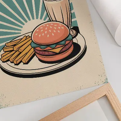 Poster para cozinha com hambúrguer e batatas fritas em estilo retrô