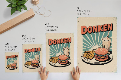 Poster para cozinha Hambúrguer e batatas fritas com um fundo retrô.