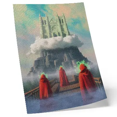 Impressão em tela quadro surrealista de castelo nas nuvens com figuras de casacos