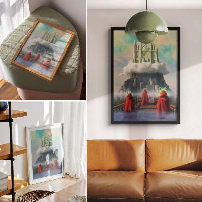 Impressão em tela Castelo nas nuvens figuras de casacos surrealismo