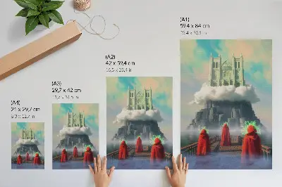 Impressão em tela quadro surrealista de castelo nas nuvens com figuras de casacos