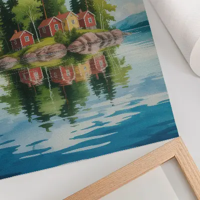 Poster decorativo ilha pitoresca com casas, árvores e água calma