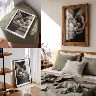Impressão em tela mãos terrosas e ovos de codorna com alto contraste