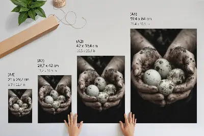 Impressão em tela mãos terrosas e ovos de codorna com alto contraste
