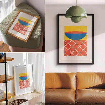 Poster para cozinha com composição geométrica em amarelo, azul e vermelho