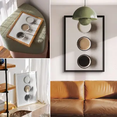Poster decorativo com arranjo minimalista de três bebidas diferentes