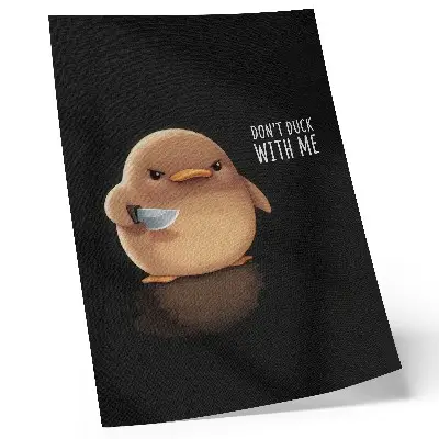 Arte de parede pato adorável com uma faca em fundo preto