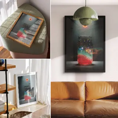 Pôster decorativo pote espacial com luzes coloridas