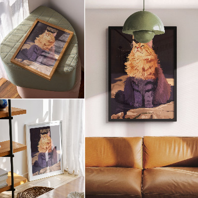 Poster decorativo Gato com texto laranja cinza bege