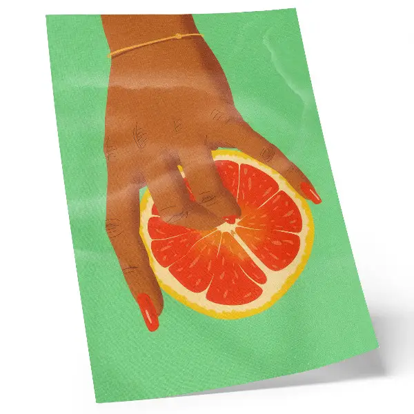 Poster para cozinha mão com toranja em arte pop com cores vibrantes