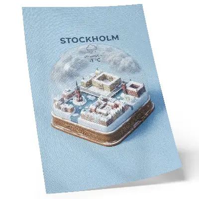 Poster decorativo Estocolmo em uma esfera com arquitetura moderna e clima de inverno