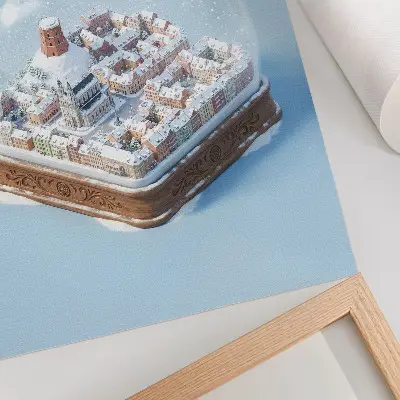 Poster para cozinha cidade em miniatura dentro de uma esfera com atmosfera invernal e mágica