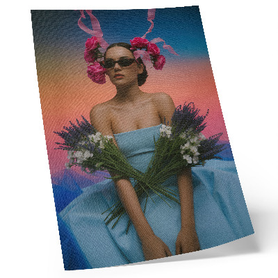 Poster decorativo Mulher com flores tendo como pano de fundo o pôr do sol.