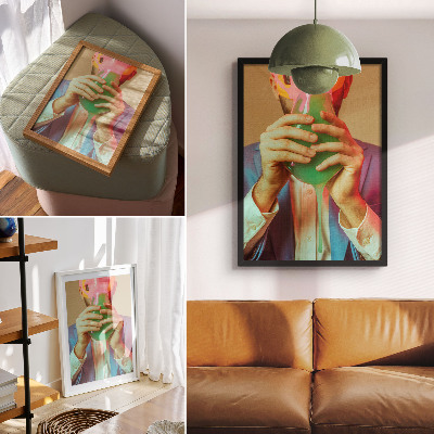 Arte de parede Uma máscara colorida nas mãos de uma figura surreal.