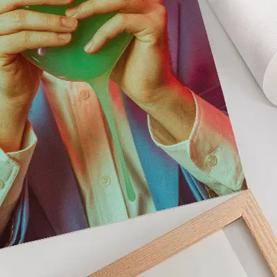 Arte de parede máscara colorida nas mãos de uma figura surreal