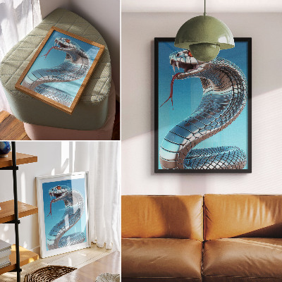 Poster decorativo Serpente metálica azul fundo vermelho intensidade