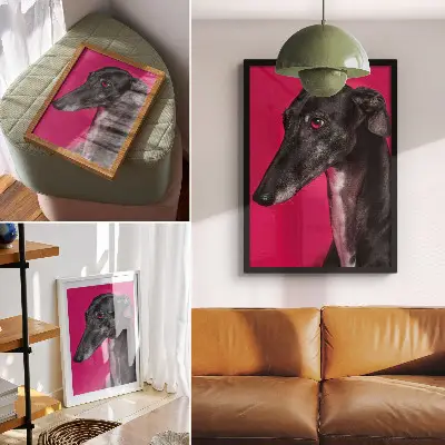 Poster decorativo com um cachorro preto e branco sobre fundo rosa intenso
