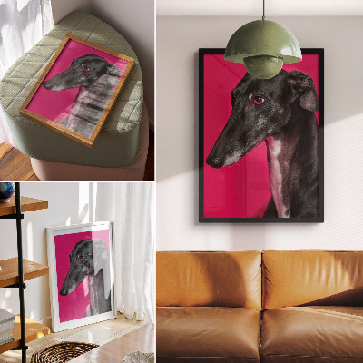 Poster decorativo Um cachorro preto e branco sobre um fundo rosa intenso.