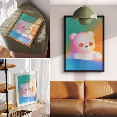 Poster decorativo urso de pelúcia colorido com fundo degradê em estilo moderno