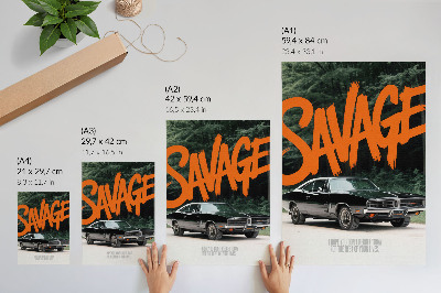Impressão em tela Carro clássico com letras laranja e tema da natureza