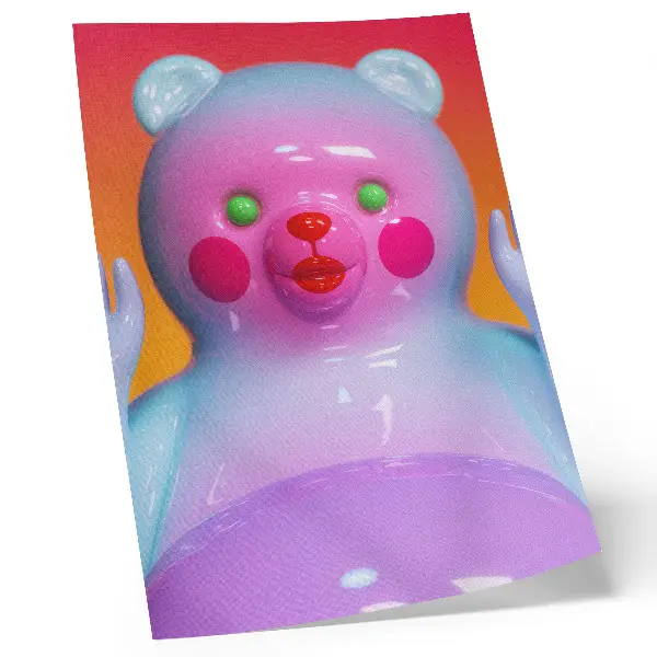 Poster decorativo urso de pelúcia colorido com cores vibrantes e composição moderna