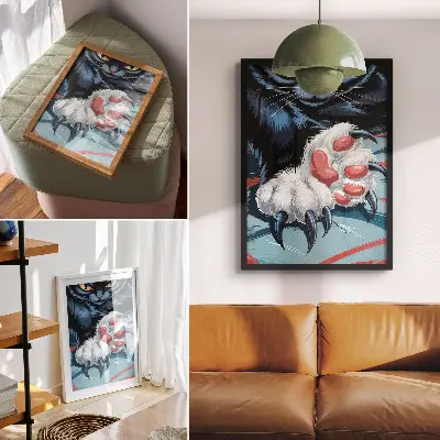 Poster para cozinha gato com garras em cores vibrantes com dinamismo intenso