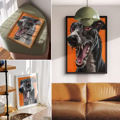 Impressão em tela pelo preto em fundo laranja com detalhes expressivos