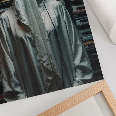 Arte de parede figura vestida de branco em frente a uma parede de fitas cassete