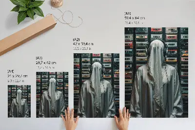 Arte de parede figura vestida de branco em frente a uma parede de fitas cassete