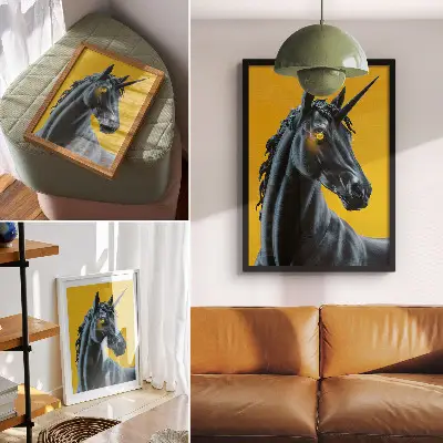 Impressão em tela de um unicórnio sobre um fundo amarelo mágico e misterioso